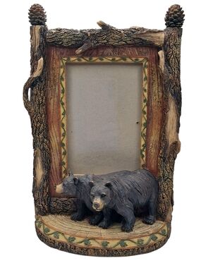 ​Rustic Black Bear Picture Frame 4x6 Resin Bark Pinecone Cabin Lodge Decor